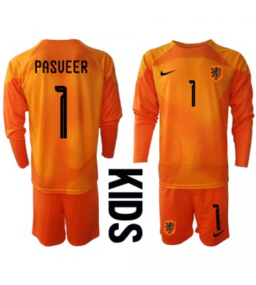 Holland Remko Pasveer #1 Målmand Udebanesæt Børn VM 2022 Lange ærmer (+ korte bukser)